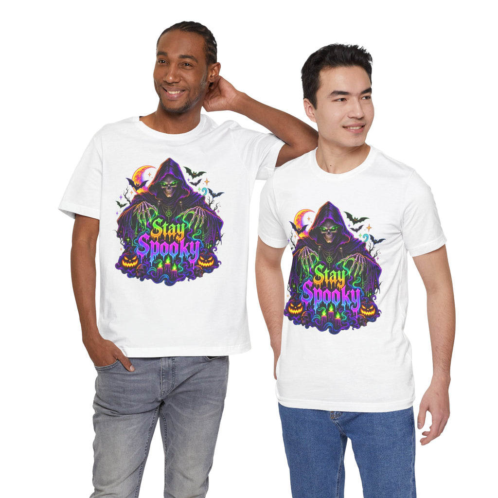 Stay Spooky Halloween Tee — Neon Grim Reaper & Haunted Castle Graphic T-Shirt