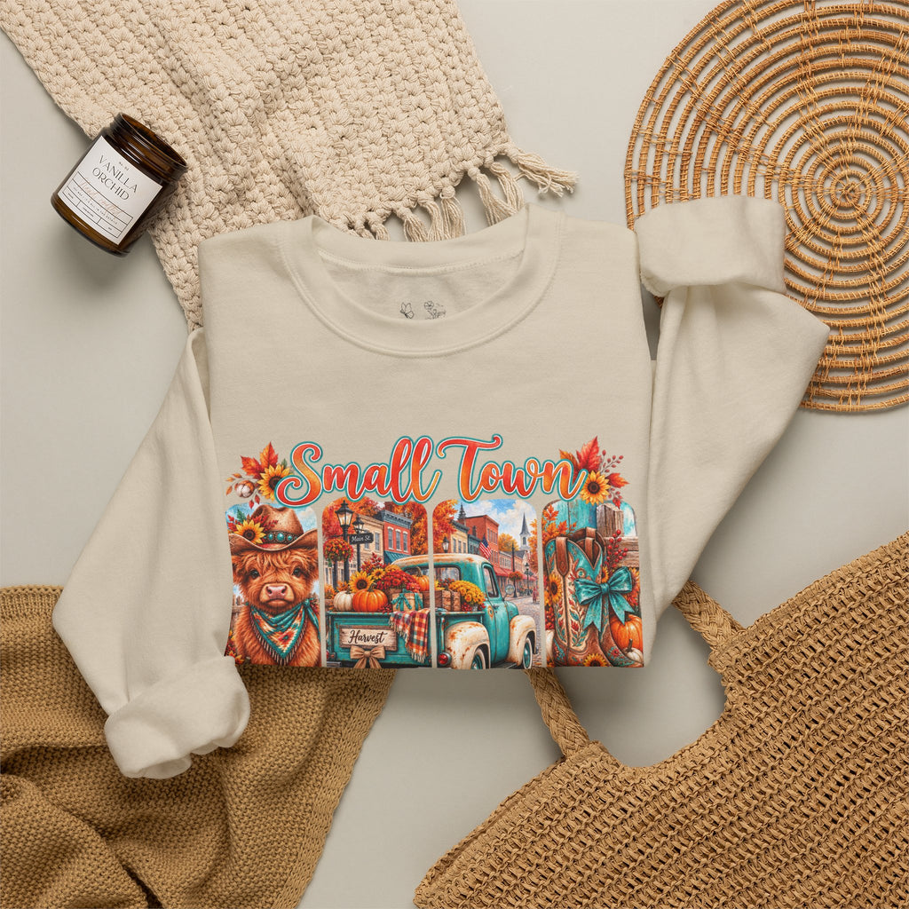 Fall Vibes Crewneck Sweatshirt - "Small Town Fall Vibes" Retro Autumn Graphic
