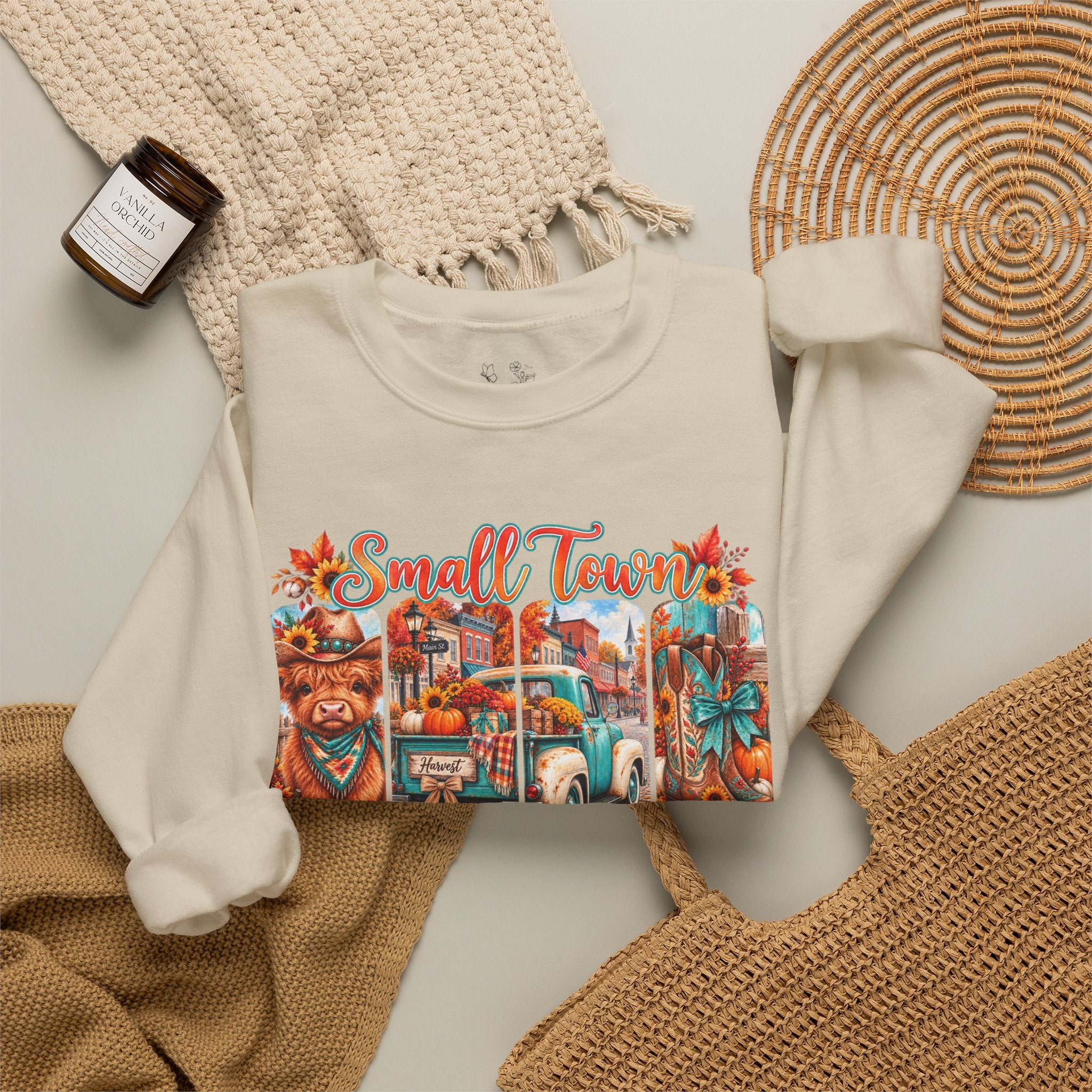 Fall Vibes Crewneck Sweatshirt - "Small Town Fall Vibes" Retro Autumn Graphic