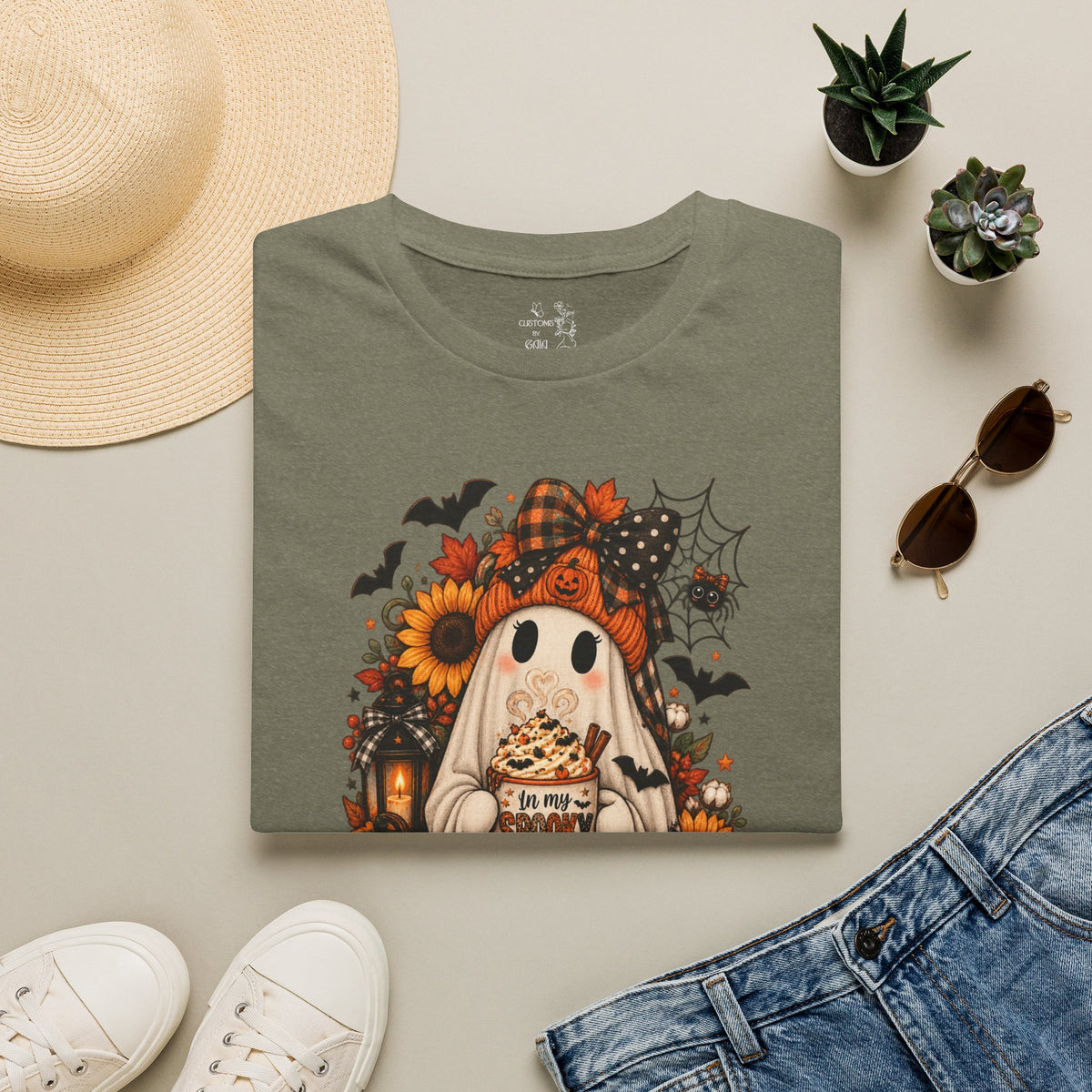 Halloween Ghost Tee – Cute Pumpkin, Sunflower & Trick-or-Treat Design