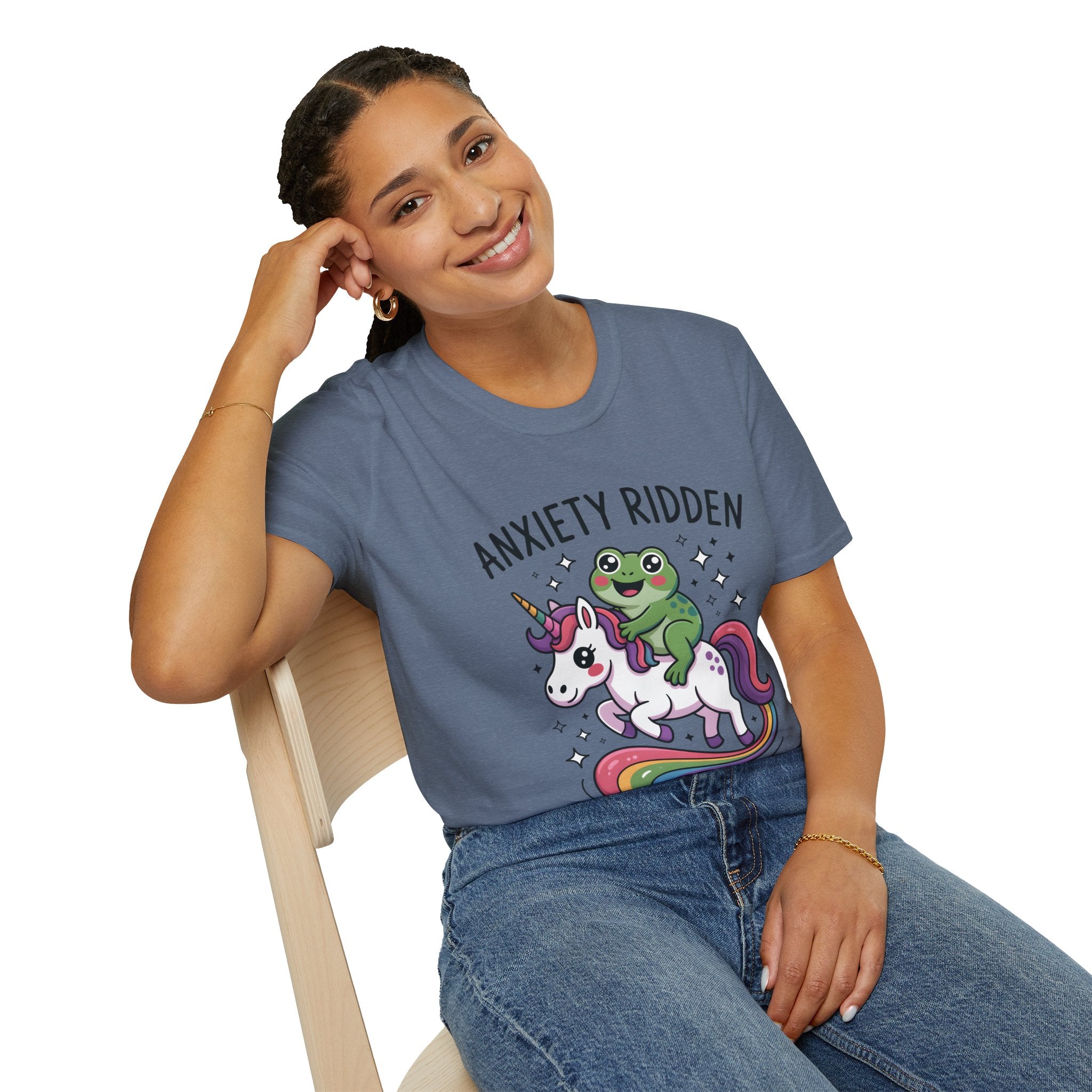Anxiety Ridden Frog on Unicorn T-Shirt — Cute Mental Health Awareness Graphic Tee