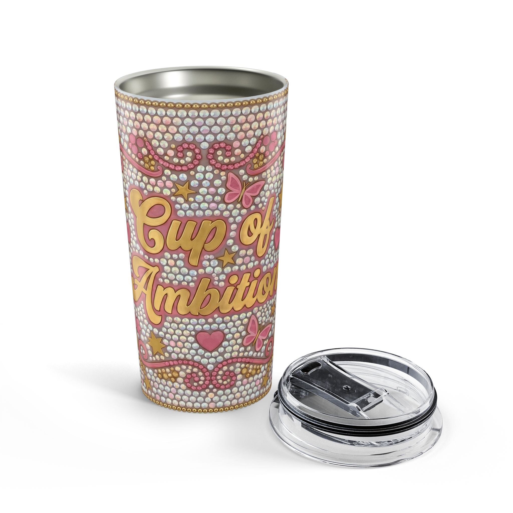 20oz Tumbler - "Cup of Ambition" Inspirational Travel Mug, Pink Rhinestone Motivational Drinkware