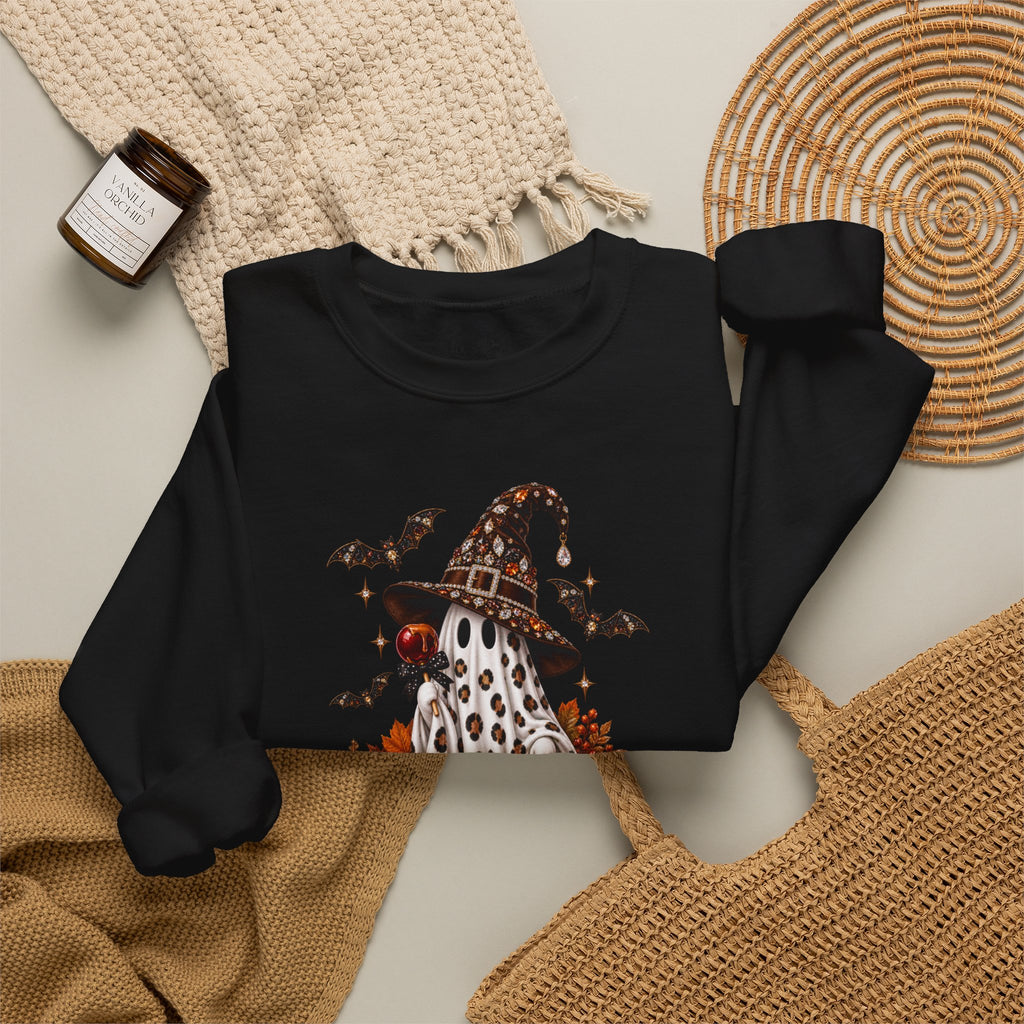 Halloween Ghost Sweatshirt – Spooky Gnome with Witch Hat, Pumpkins & Bats Crewneck