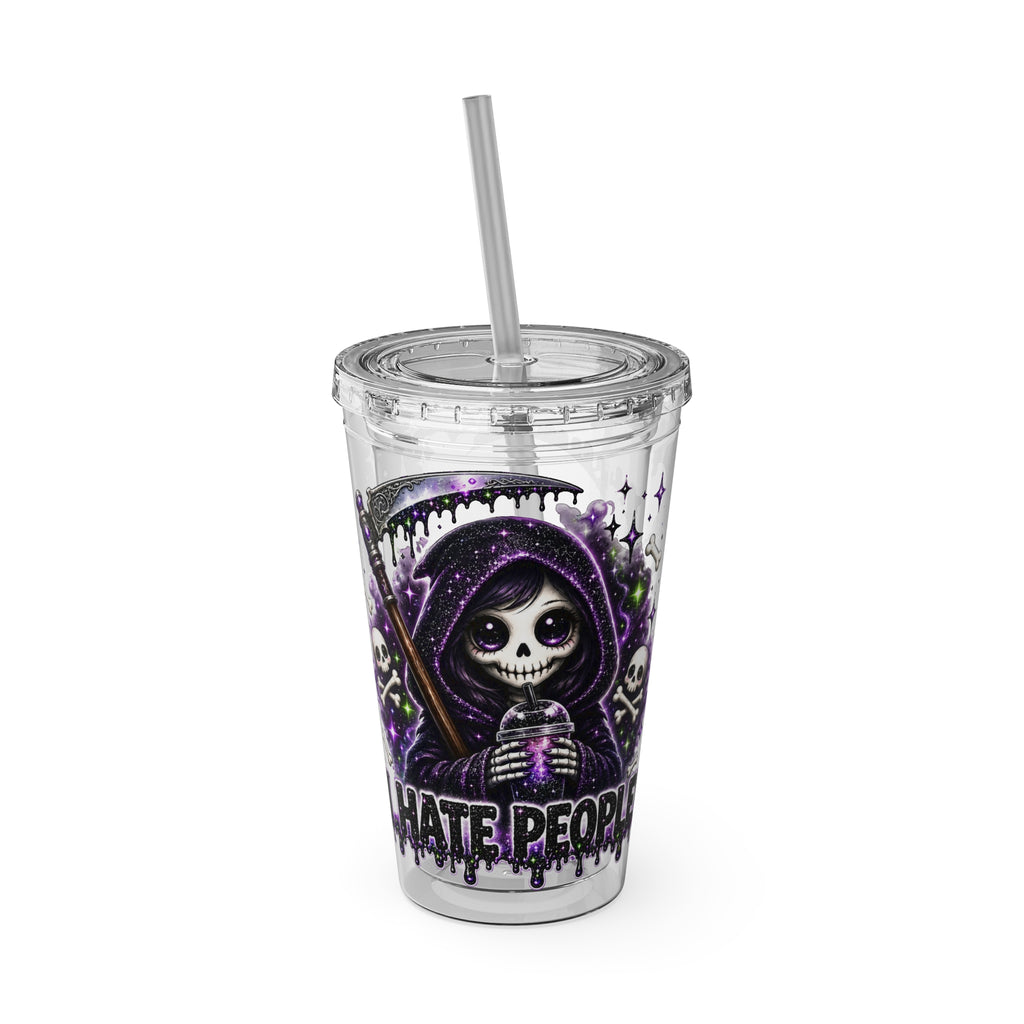 16oz Tumbler with Straw — Purple Grim Reaper “I Hate People” Graphic Cold Cup