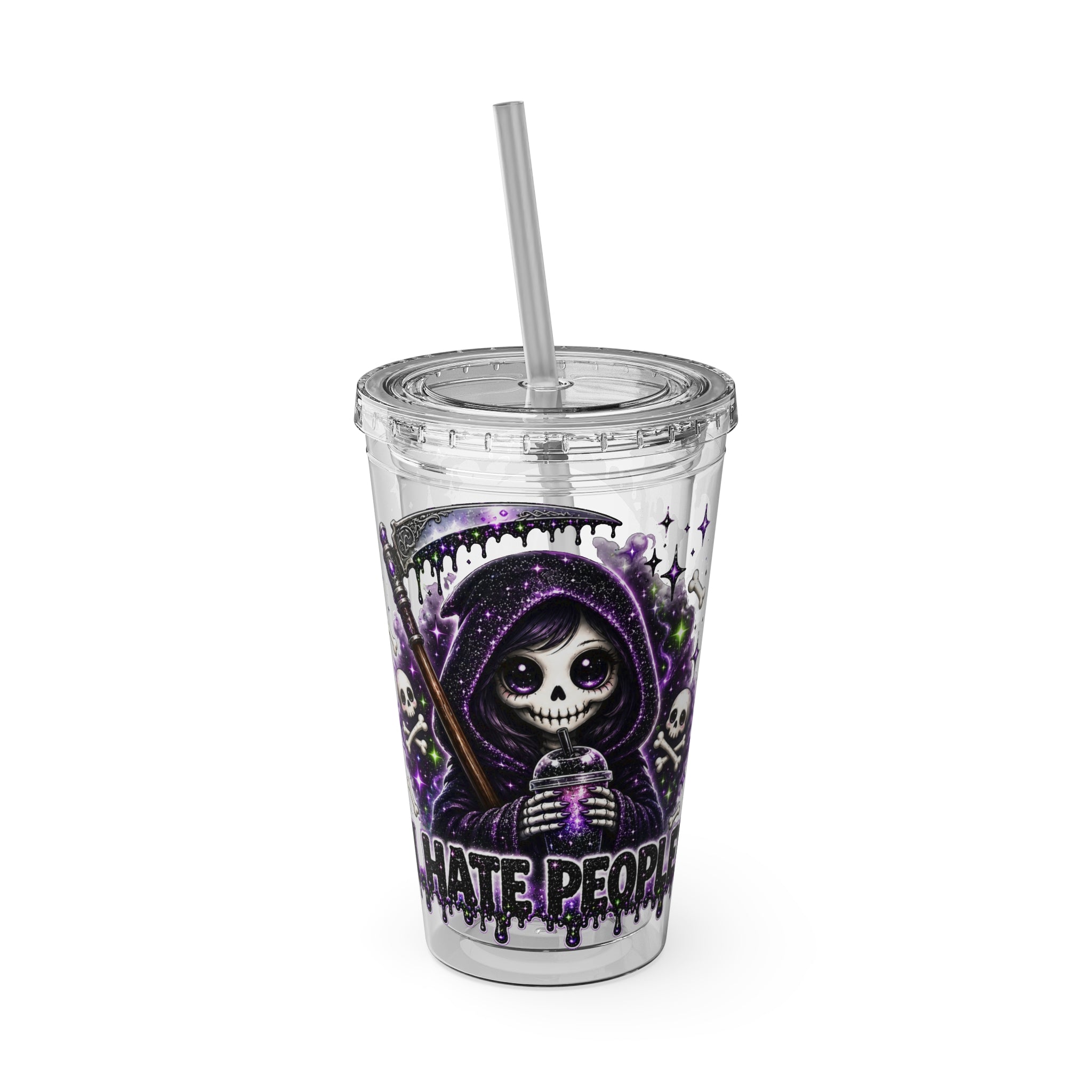 16oz Tumbler with Straw — Purple Grim Reaper “I Hate People” Graphic Cold Cup