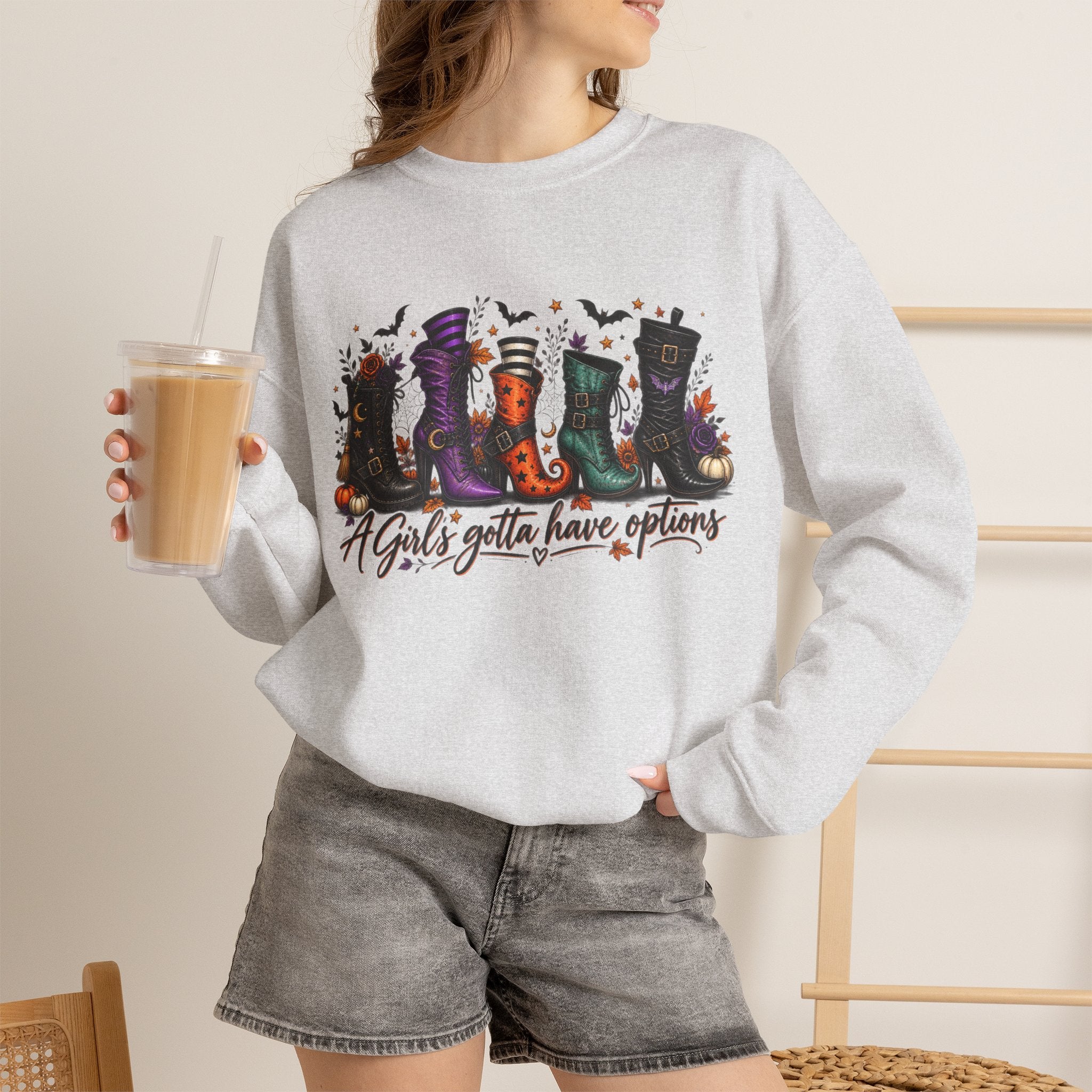 Witch Boots Crewneck Sweatshirt — "A Girl's Gotta Have Options" Halloween Pullover