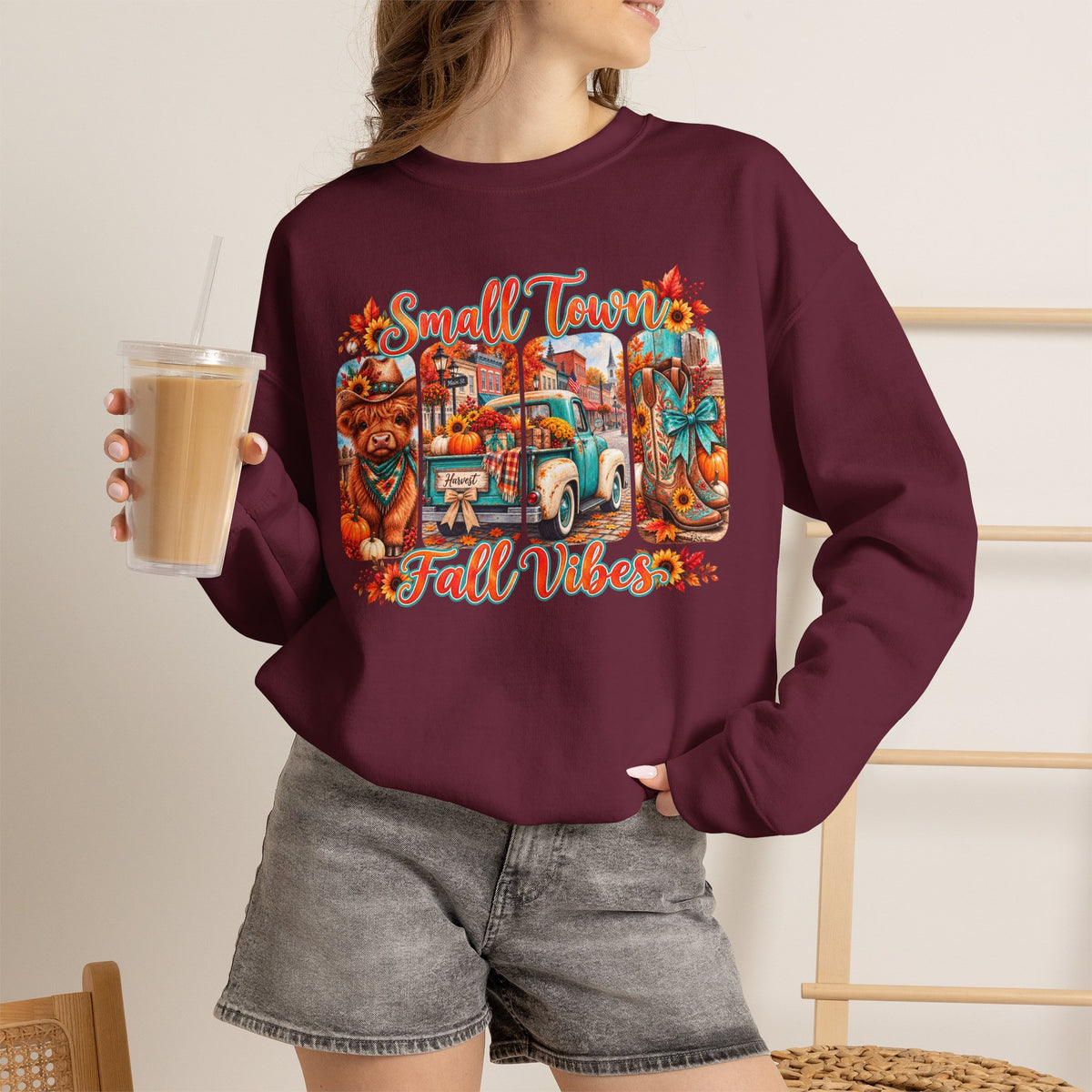 Fall Vibes Crewneck Sweatshirt - "Small Town Fall Vibes" Retro Autumn Graphic