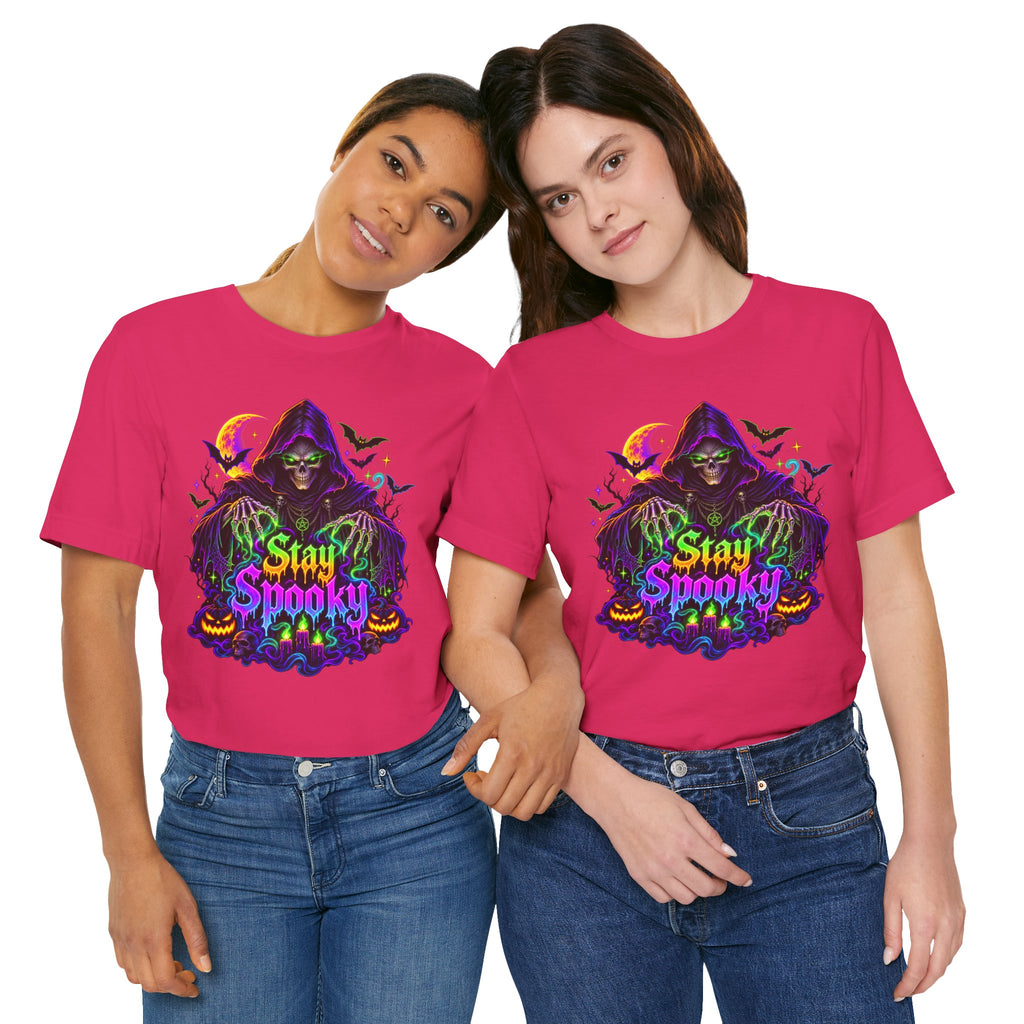 Stay Spooky Halloween Tee — Neon Grim Reaper & Haunted Castle Graphic T-Shirt
