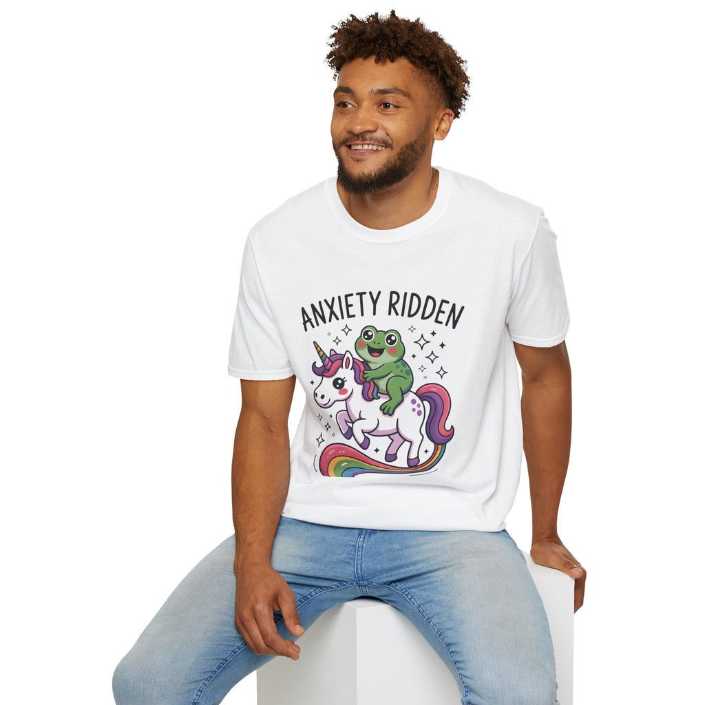 Anxiety Ridden Frog on Unicorn T-Shirt — Cute Mental Health Awareness Graphic Tee