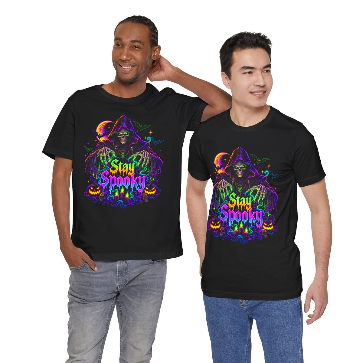 Stay Spooky Halloween Tee — Neon Grim Reaper & Haunted Castle Graphic T-Shirt