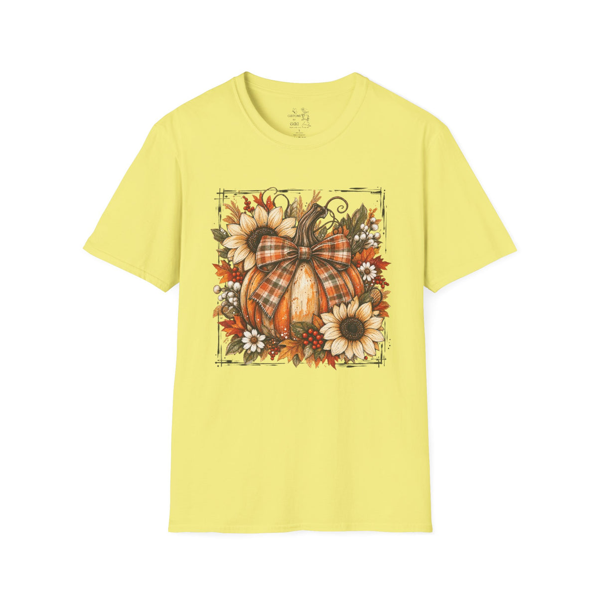 Pumpkin & Sunflower Fall T-Shirt — Plaid Pumpkin Autumn Graphic Tee