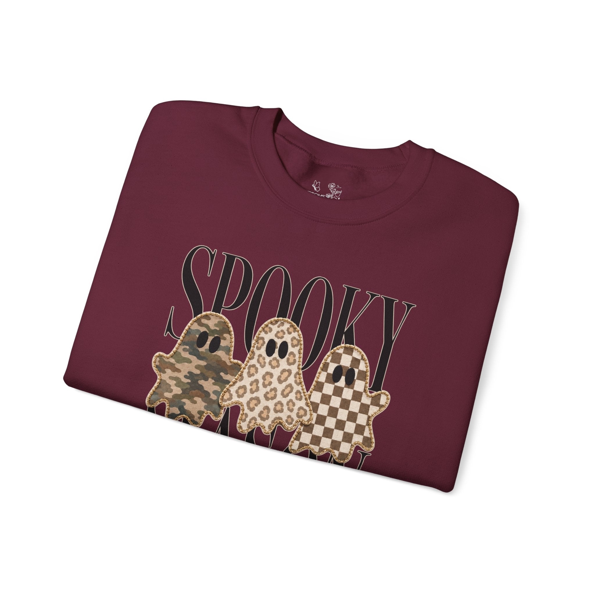 Spooky Season Ghosts Sweatshirt — Neutral Plaid & Camo Halloween Crewneck