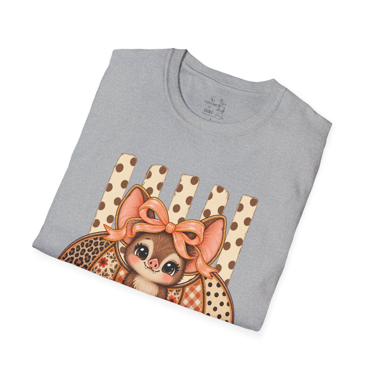 Cute Bat Tee — Adorable Bat with Bow Graphic T-Shirt (Leopard Striped Background)