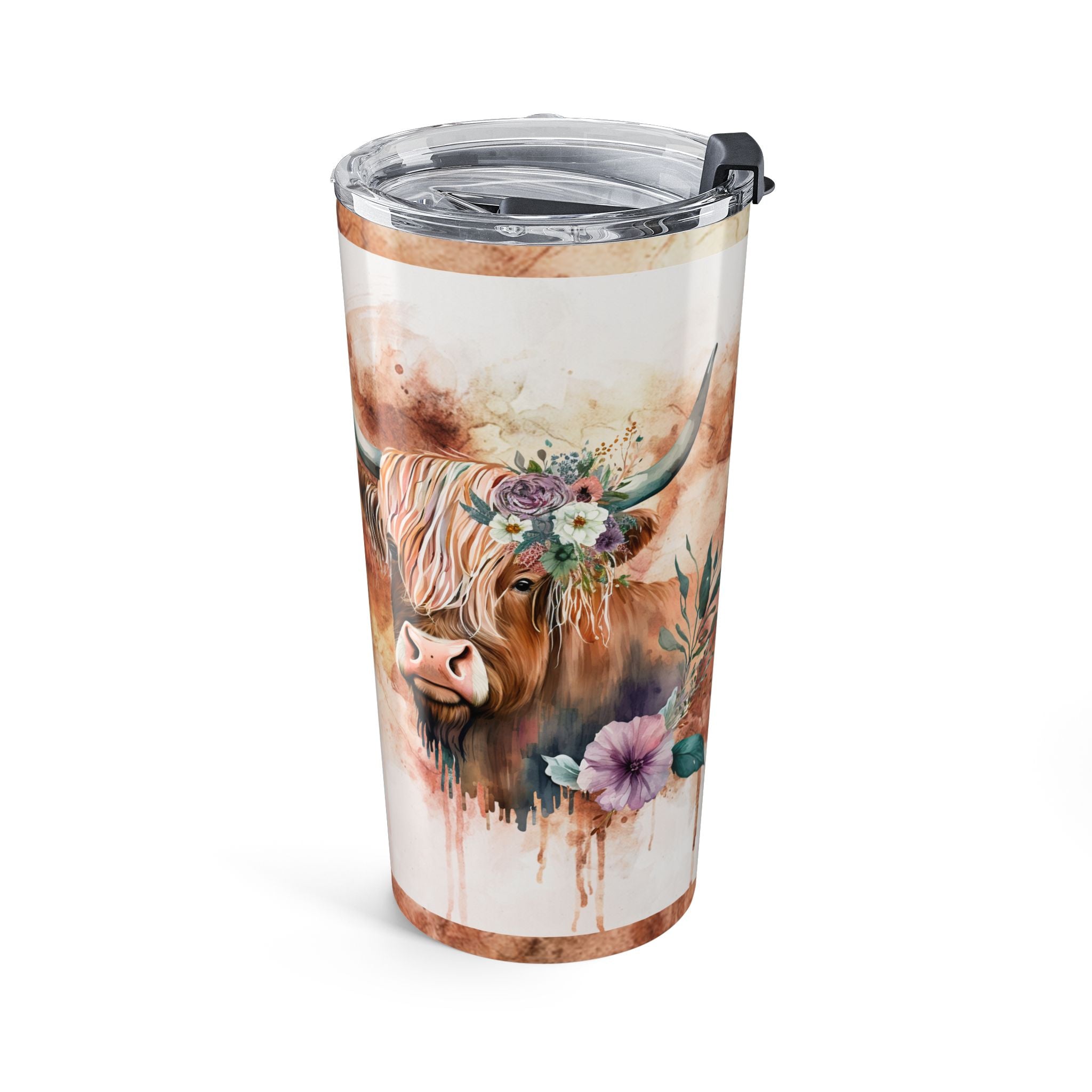 Highland Cow Floral 20oz Tumbler — Boho Rustic Insulated Travel Cup