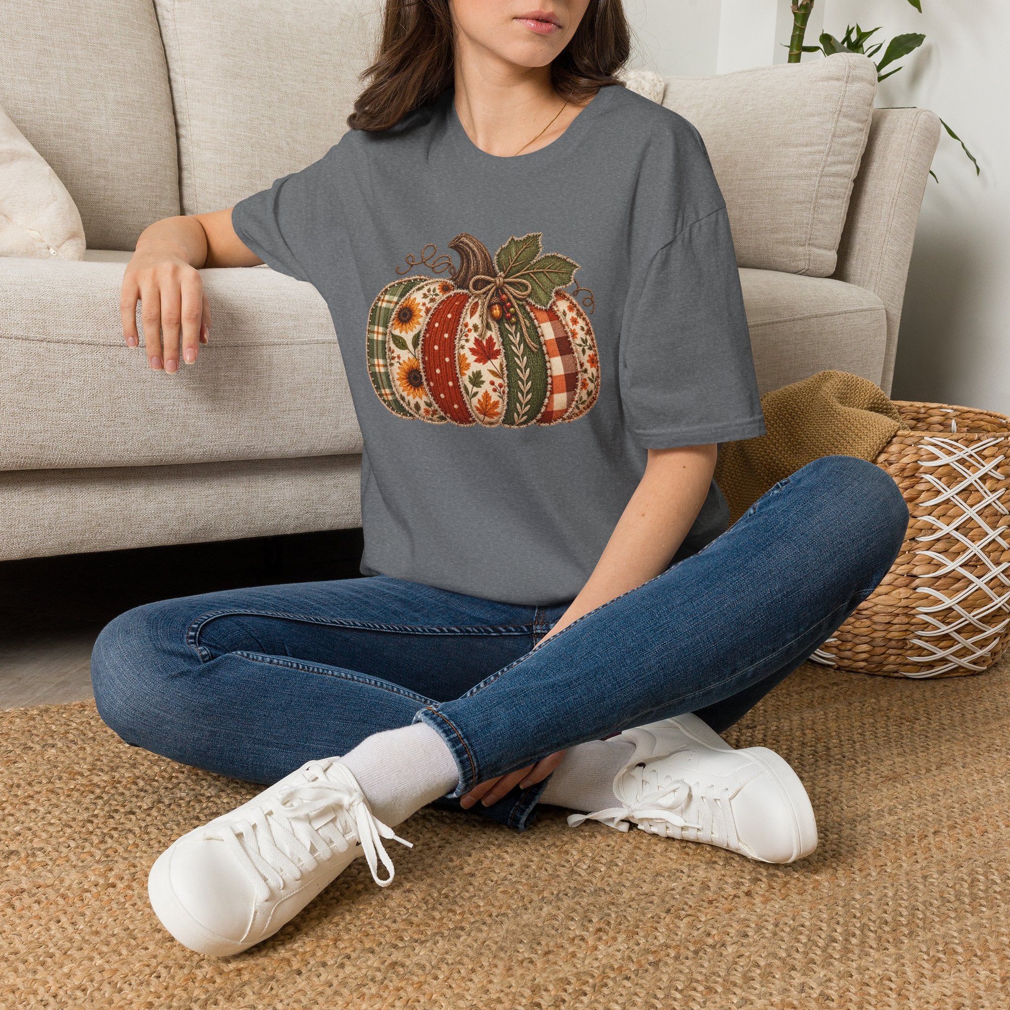 Fall Patchwork Pumpkin T-Shirt — Plaid & Floral Autumn Tee