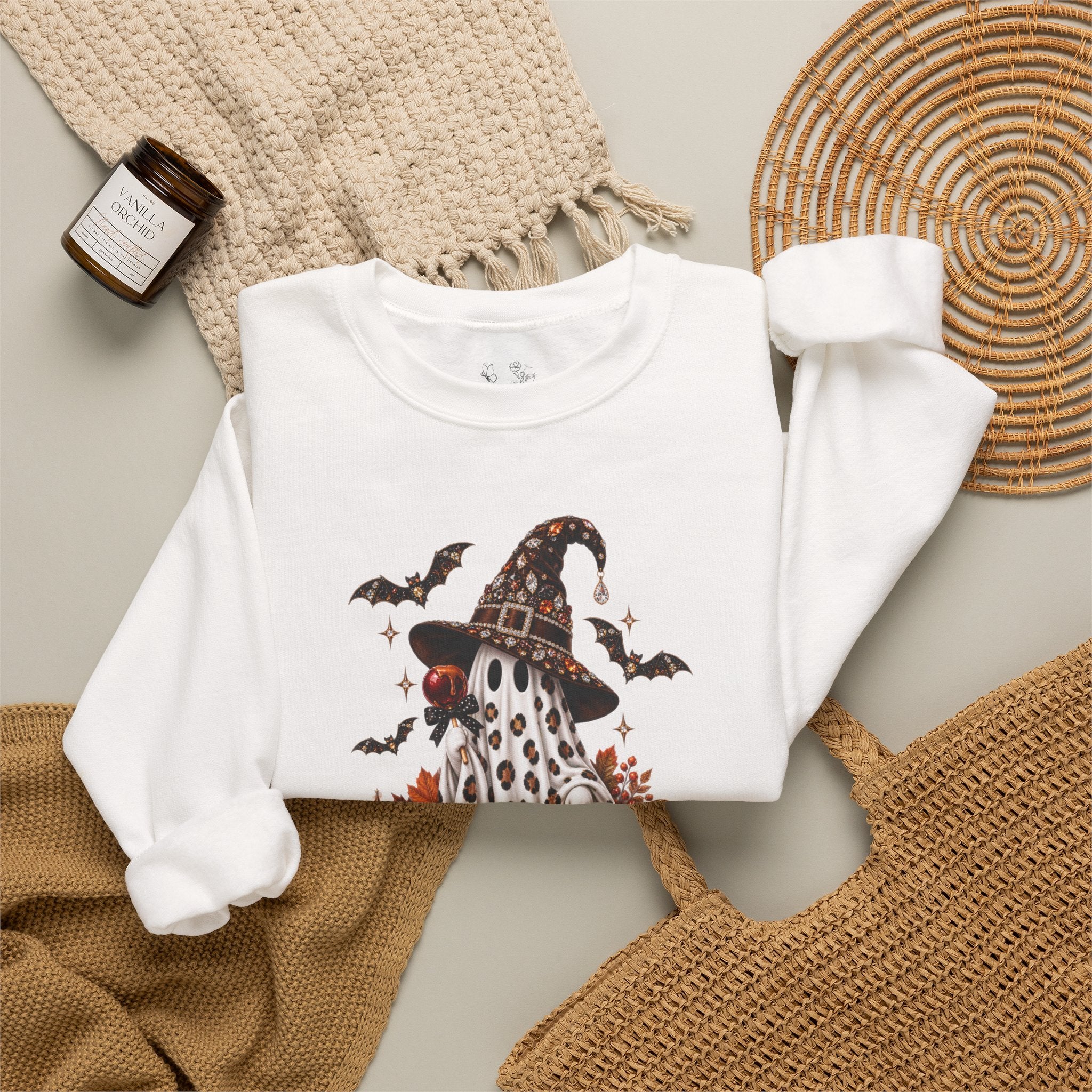 Halloween Ghost Sweatshirt – Spooky Gnome with Witch Hat, Pumpkins & Bats Crewneck