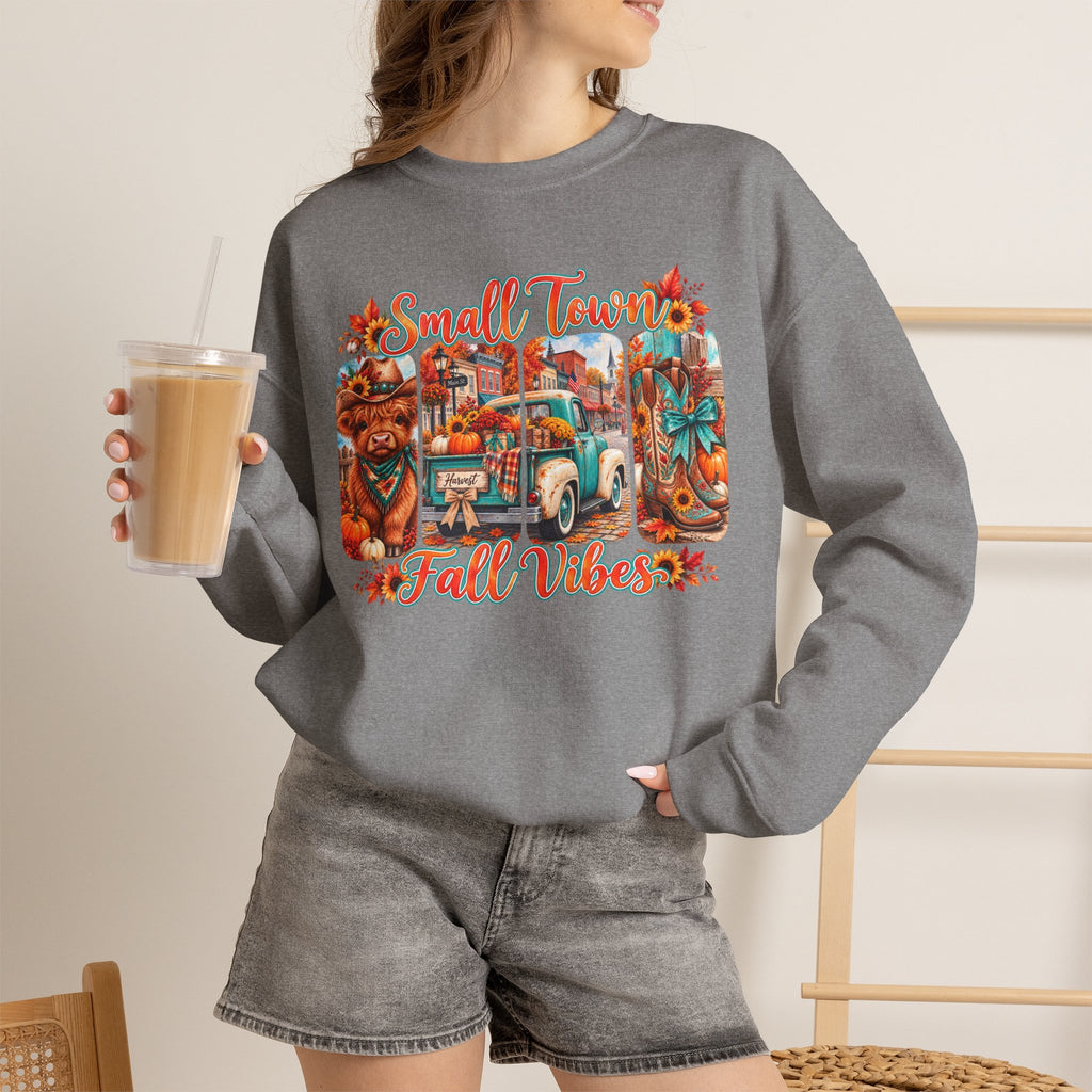 Fall Vibes Crewneck Sweatshirt - "Small Town Fall Vibes" Retro Autumn Graphic