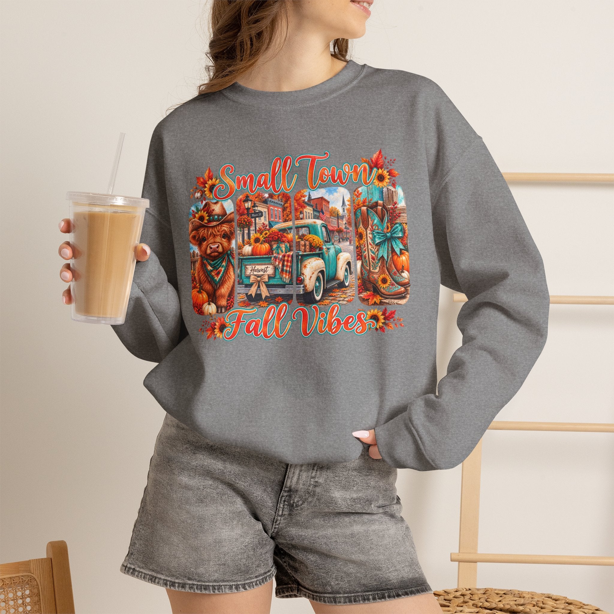 Fall Vibes Crewneck Sweatshirt - "Small Town Fall Vibes" Retro Autumn Graphic