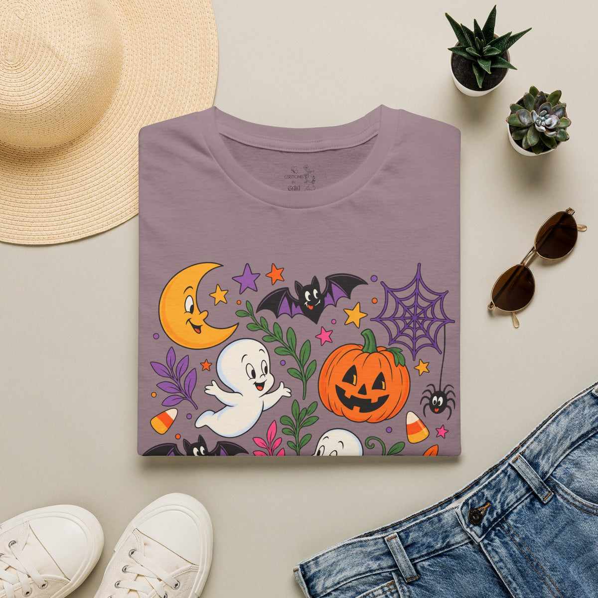 Cute Halloween T-Shirt — Friendly Ghosts, Pumpkins & Bats Graphic