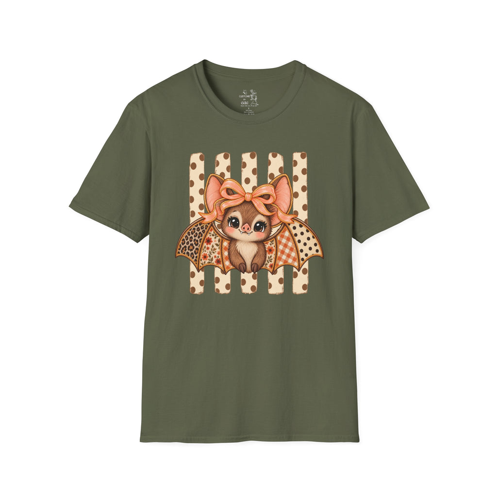 Cute Bat Tee — Adorable Bat with Bow Graphic T-Shirt (Leopard Striped Background)