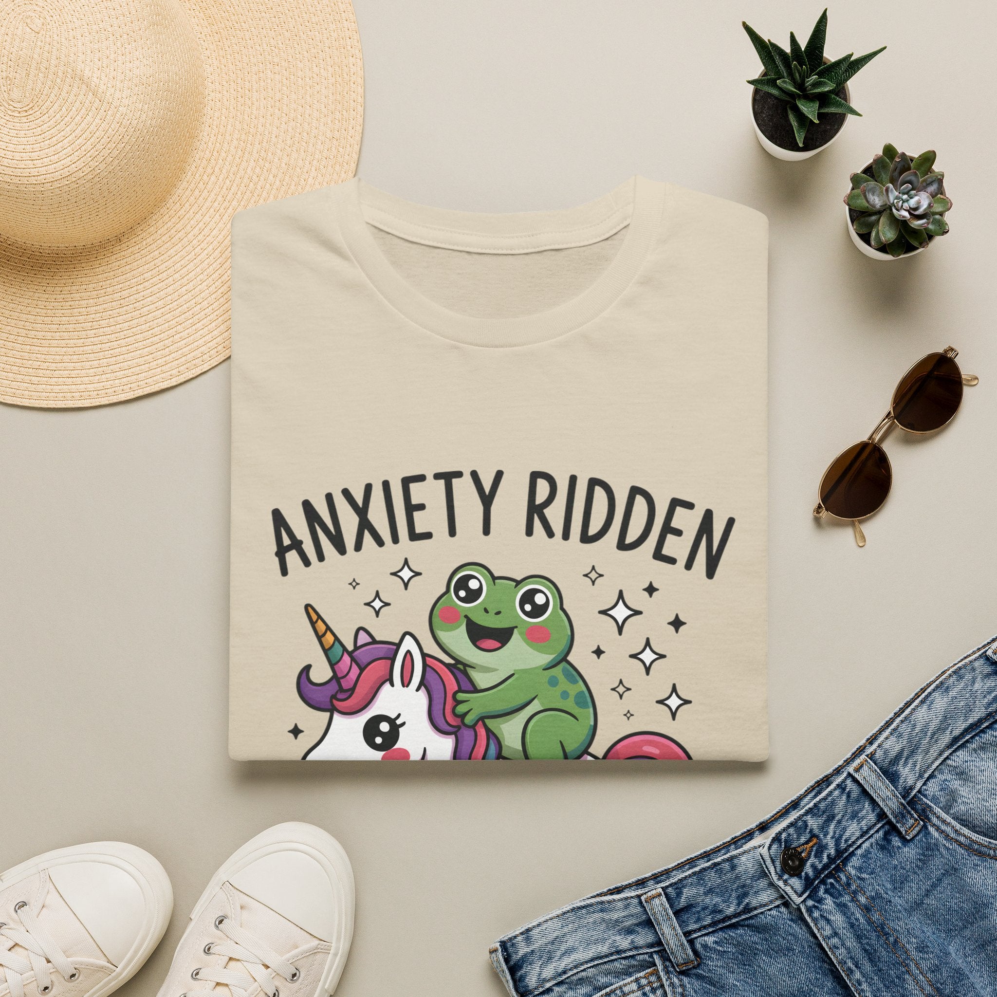 Anxiety Ridden Frog on Unicorn T-Shirt — Cute Mental Health Awareness Graphic Tee