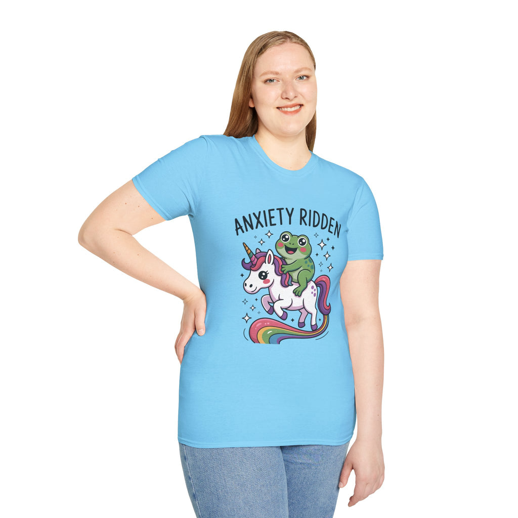 Anxiety Ridden Frog on Unicorn T-Shirt — Cute Mental Health Awareness Graphic Tee