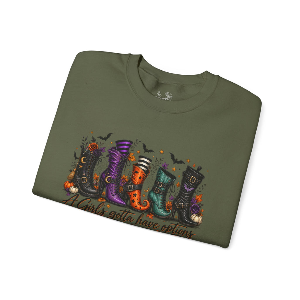 Witch Boots Crewneck Sweatshirt — "A Girl's Gotta Have Options" Halloween Pullover