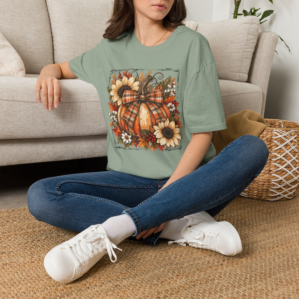 Pumpkin & Sunflower Fall T-Shirt — Plaid Pumpkin Autumn Graphic Tee