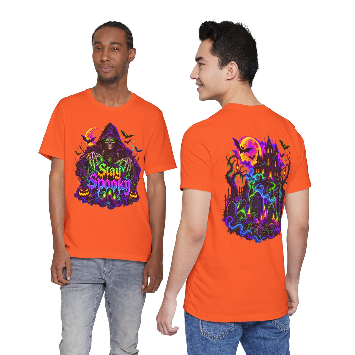 Stay Spooky Halloween Tee — Neon Grim Reaper & Haunted Castle Graphic T-Shirt
