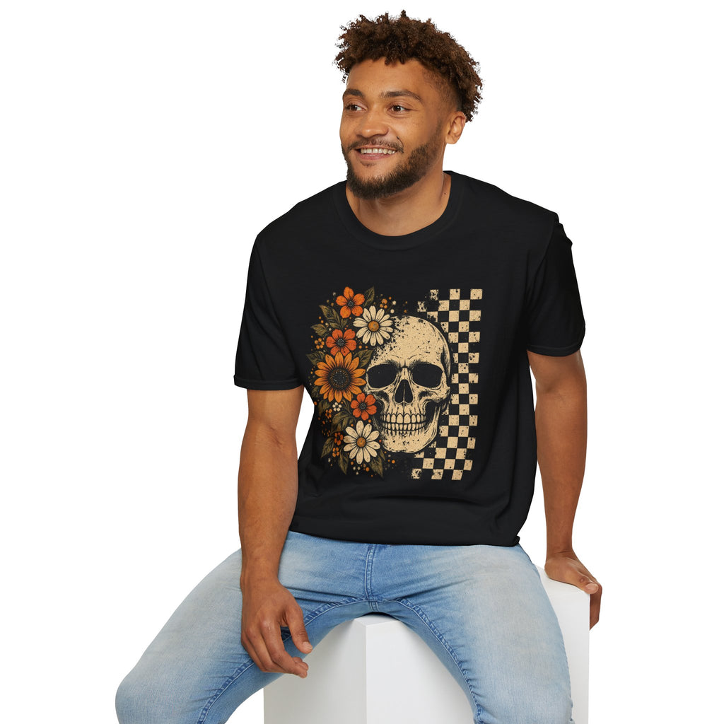Floral Skull T-Shirt – Gothic Sunflower Checkerboard Design