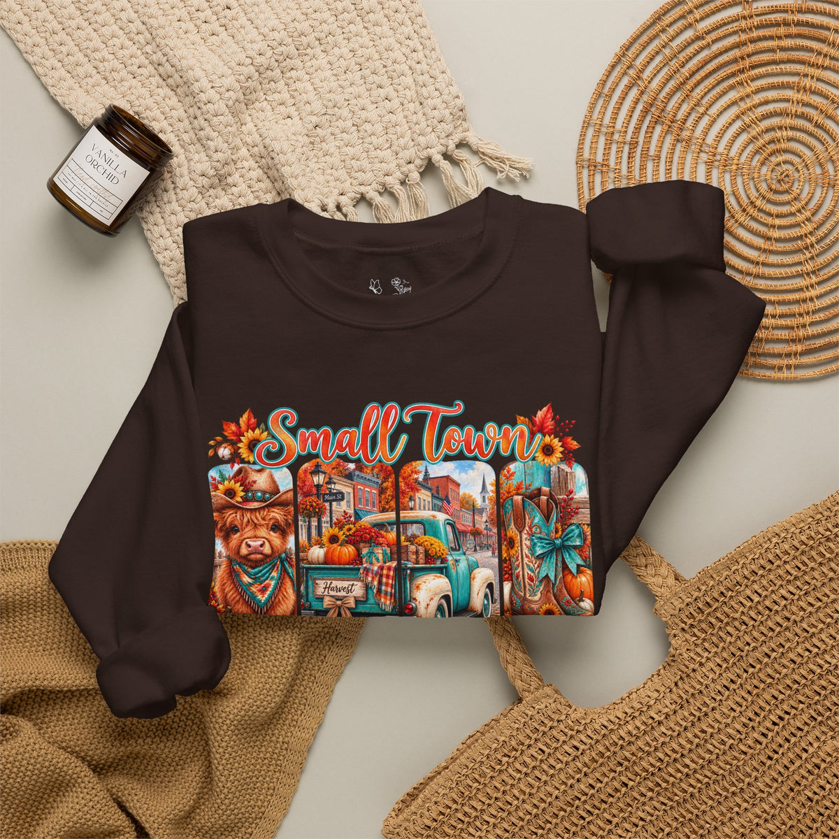 Fall Vibes Crewneck Sweatshirt - "Small Town Fall Vibes" Retro Autumn Graphic