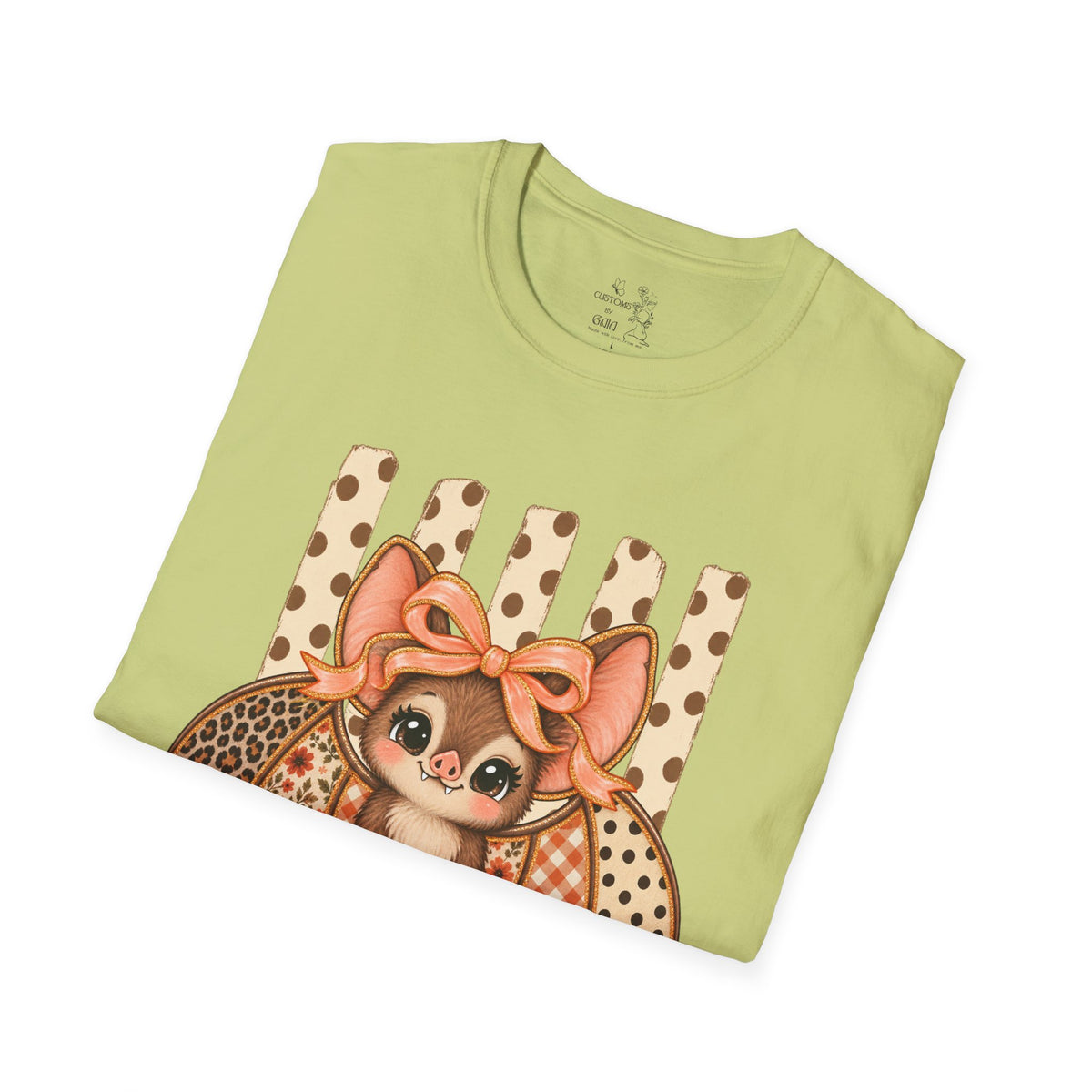 Cute Bat Tee — Adorable Bat with Bow Graphic T-Shirt (Leopard Striped Background)