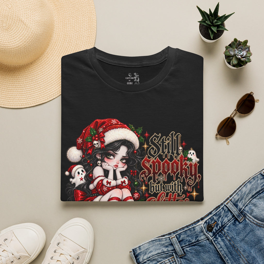 Christmas Goth T‑Shirt – "Still Spooky But With Glitter" Elf Girl Holiday Tee