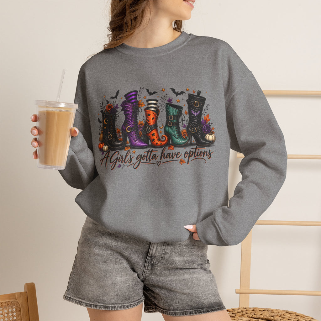 Witch Boots Crewneck Sweatshirt — "A Girl's Gotta Have Options" Halloween Pullover