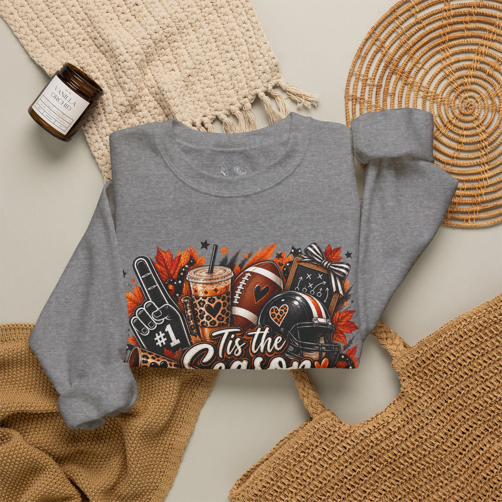 Tis the Season Fall Sweatshirt - Cozy Autumn Leaves & Football Crewneck
