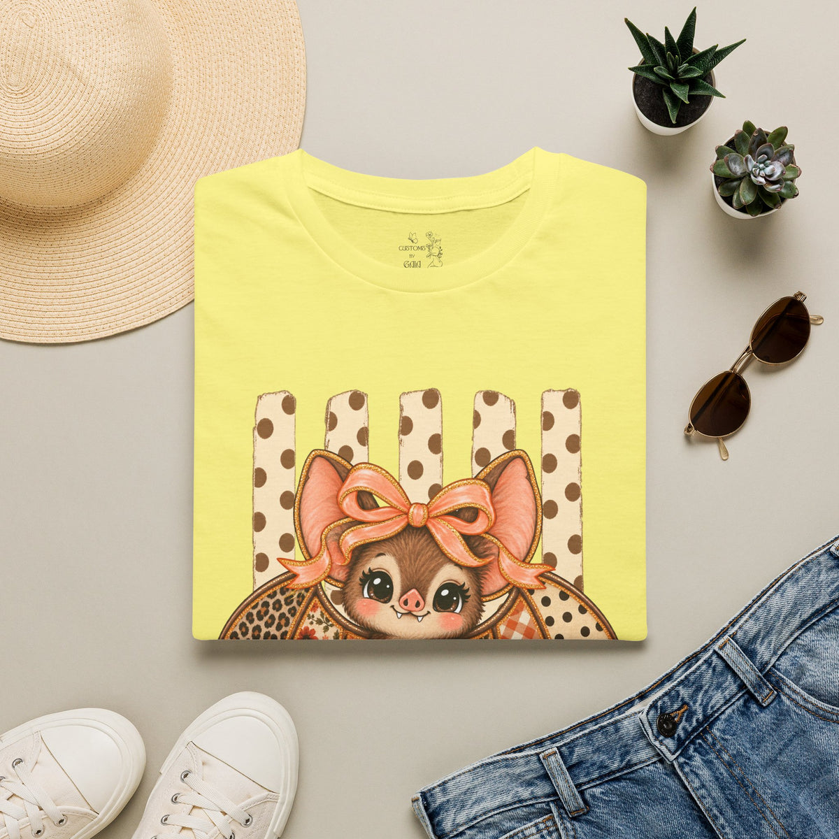 Cute Bat Tee — Adorable Bat with Bow Graphic T-Shirt (Leopard Striped Background)