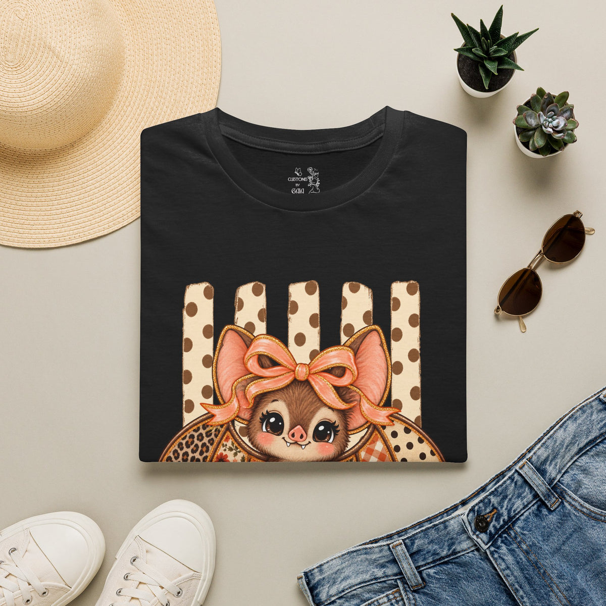 Cute Bat Tee — Adorable Bat with Bow Graphic T-Shirt (Leopard Striped Background)