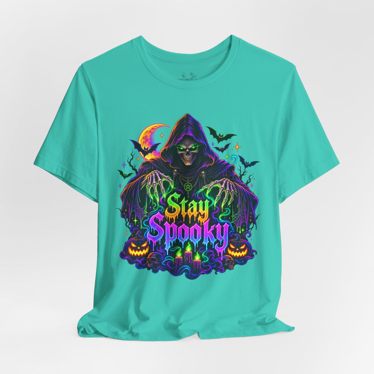 Stay Spooky Halloween Tee — Neon Grim Reaper & Haunted Castle Graphic T-Shirt