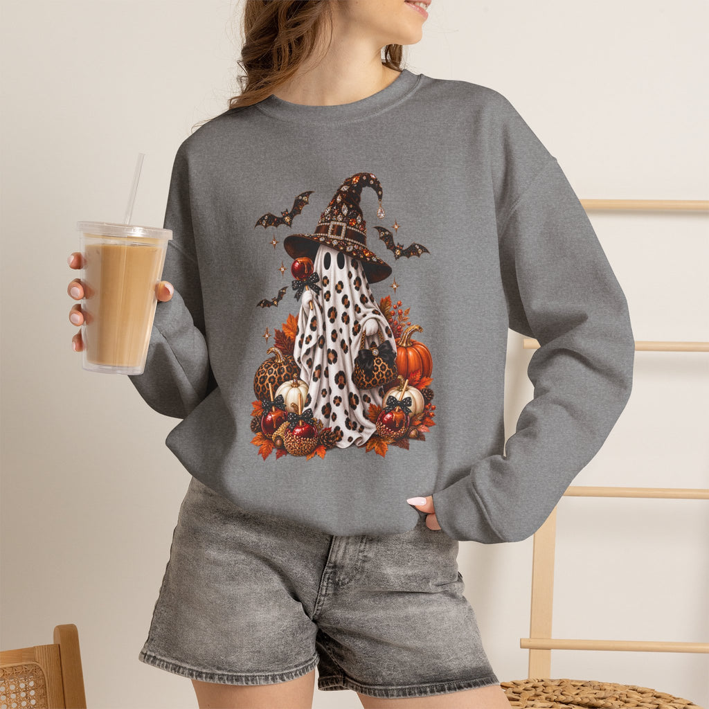 Halloween Ghost Sweatshirt – Spooky Gnome with Witch Hat, Pumpkins & Bats Crewneck