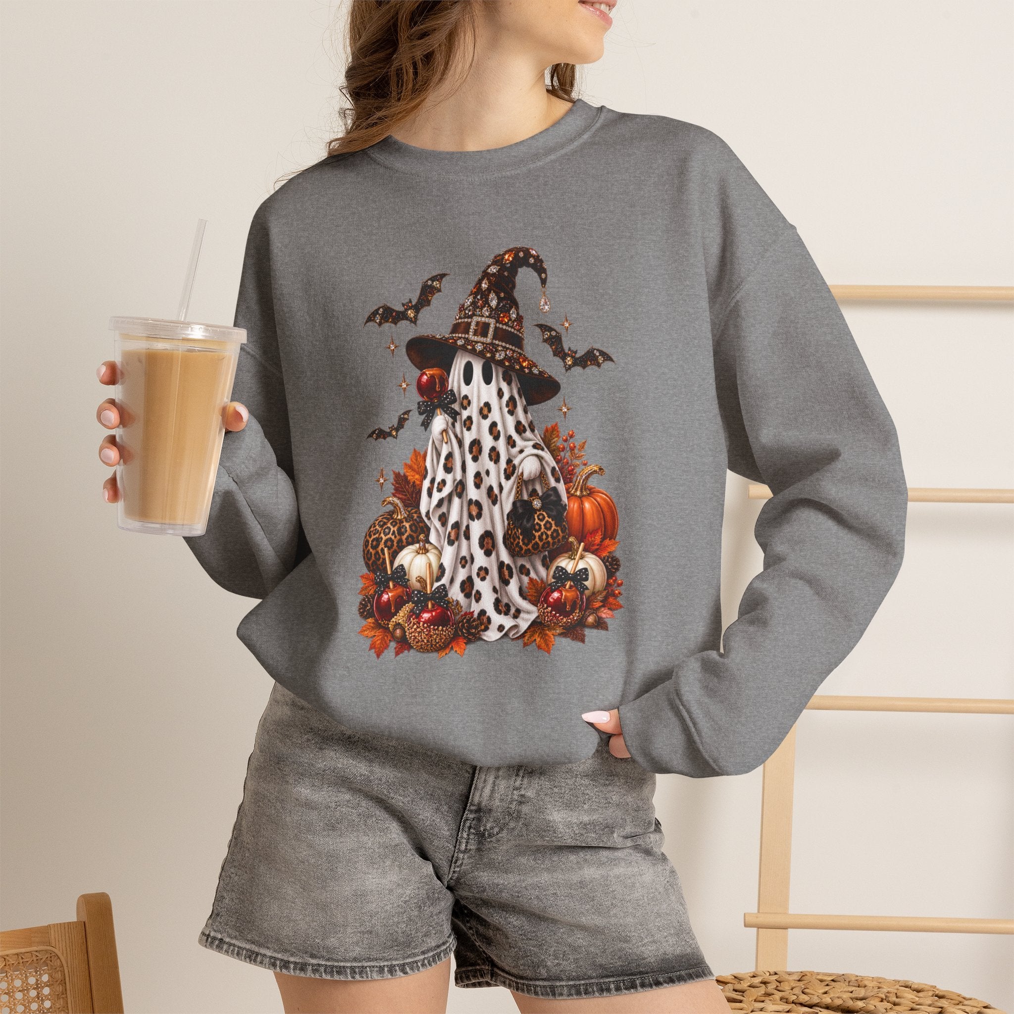 Halloween Ghost Sweatshirt – Spooky Gnome with Witch Hat, Pumpkins & Bats Crewneck