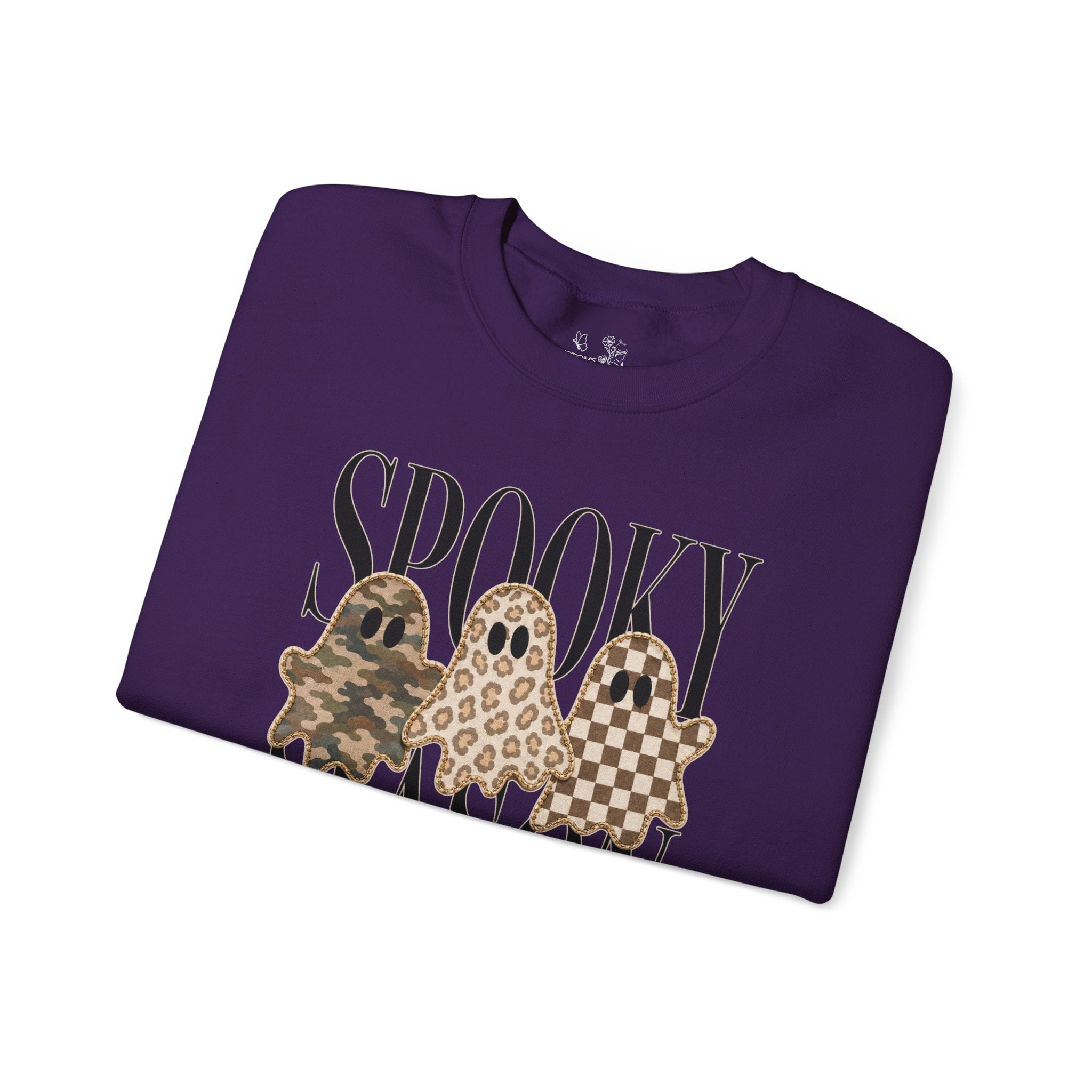 Spooky Season Ghosts Sweatshirt — Neutral Plaid & Camo Halloween Crewneck