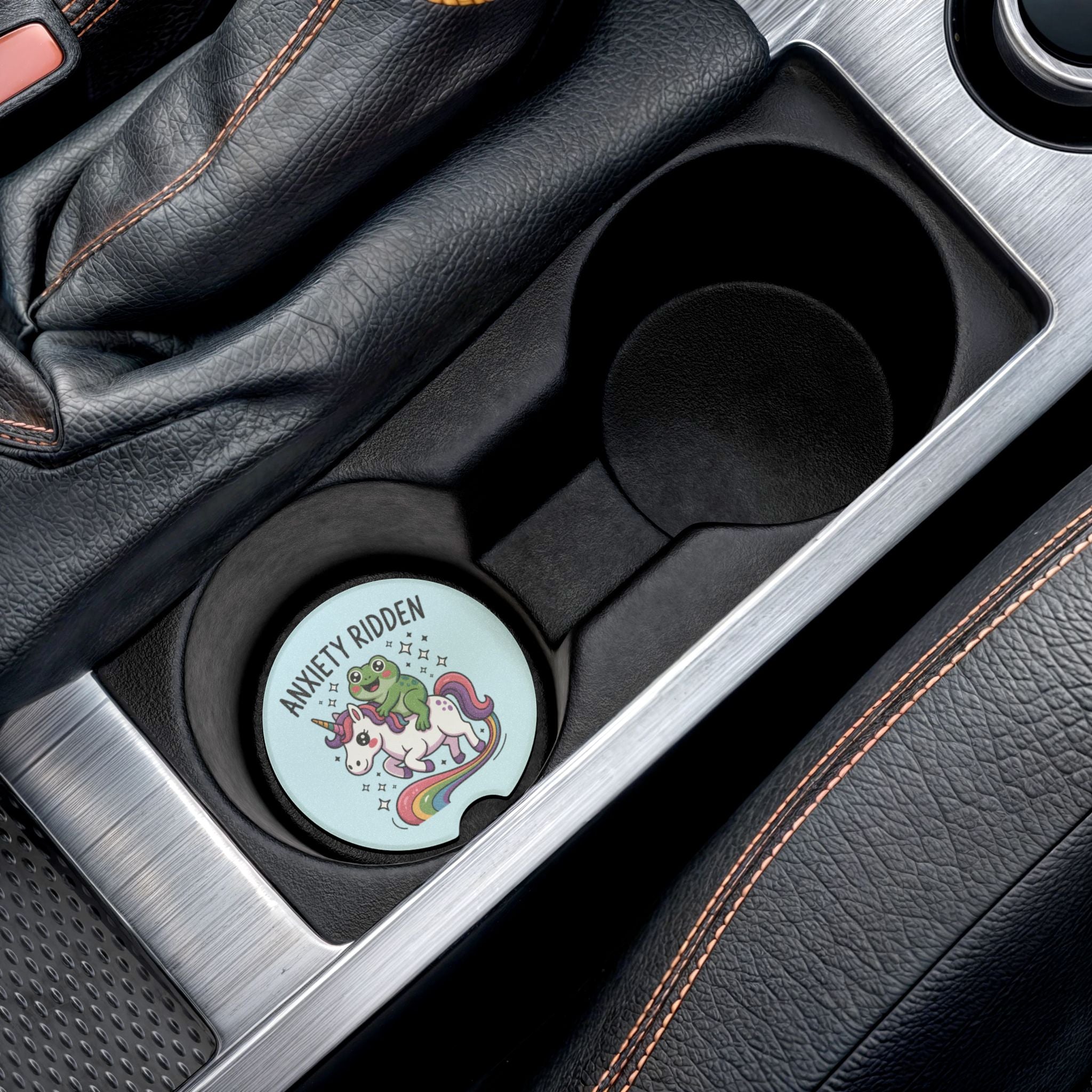 Car Coaster — "Anxiety Ridden" Frog on Unicorn Soapstone Car Cup Holder Insert