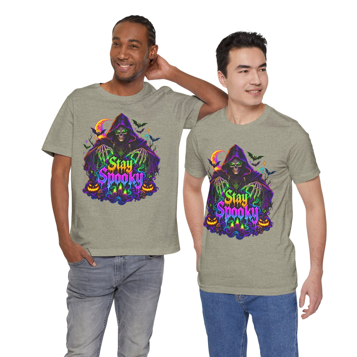 Stay Spooky Halloween Tee — Neon Grim Reaper & Haunted Castle Graphic T-Shirt