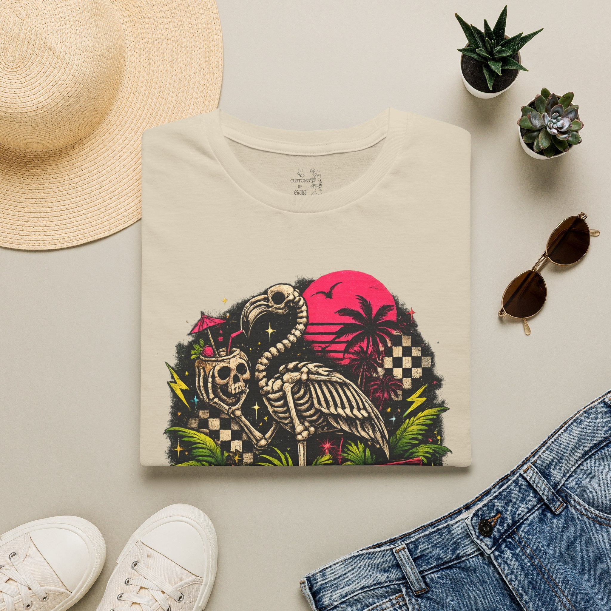 Spooky Salty Beach T-Shirt — Retro Skeleton Pelican Sunset Tee