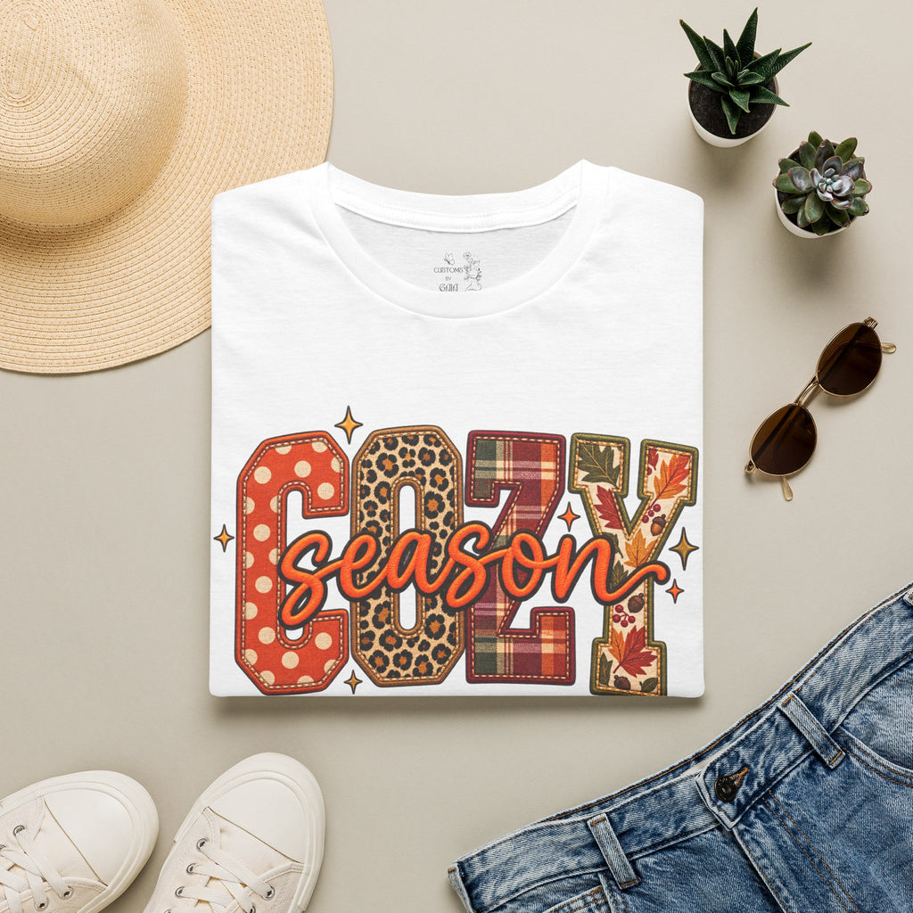 Cozy Season T-Shirt — Fall Plaid, Leopard & Pumpkin Pattern Tee