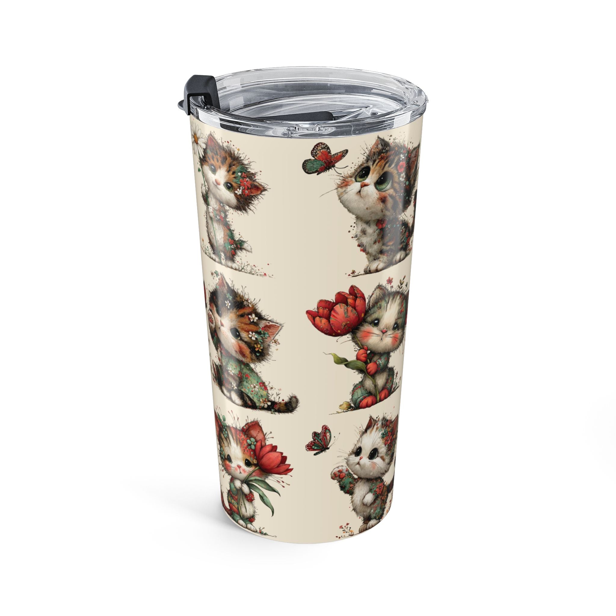 Copy of 20oz Whimsical Cat Floral Tumbler — Cute Vintage Kittens Travel Cup - Beige