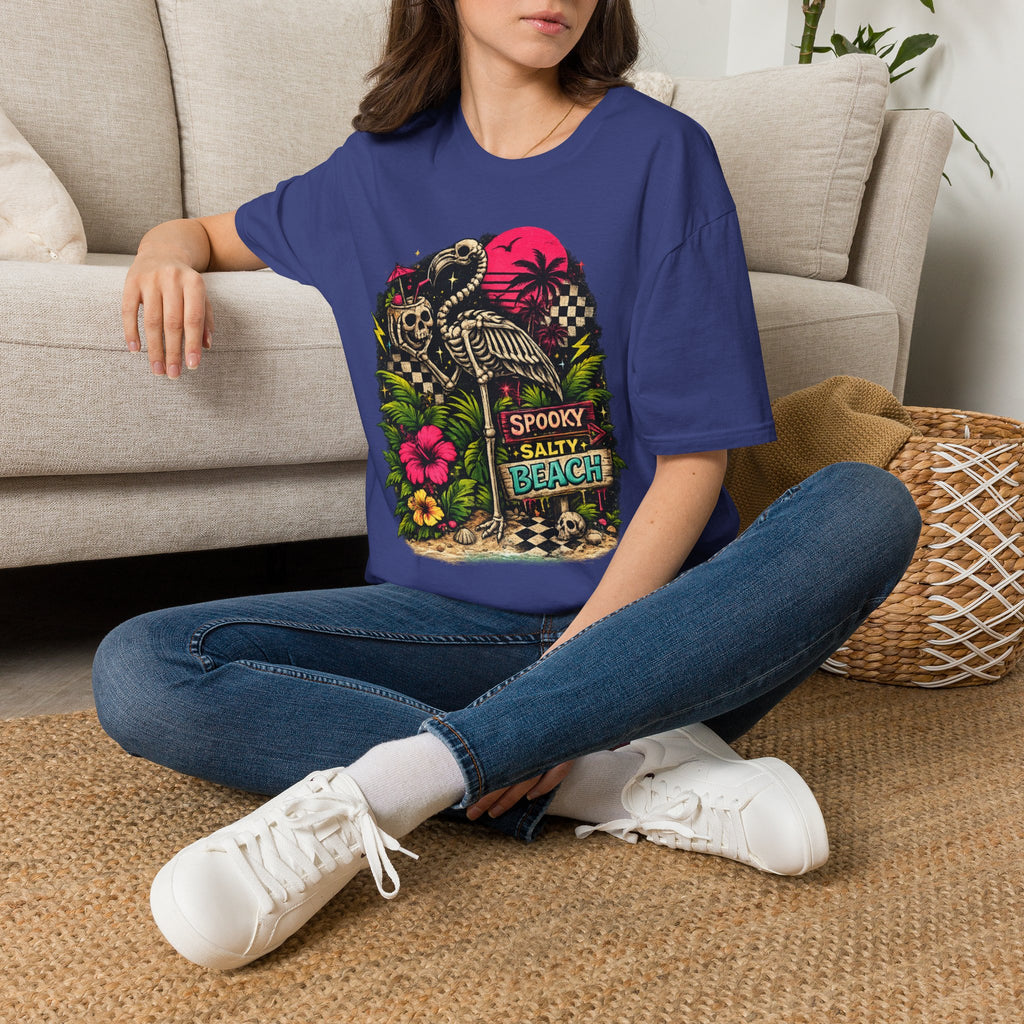 Spooky Salty Beach T-Shirt — Retro Skeleton Pelican Sunset Tee