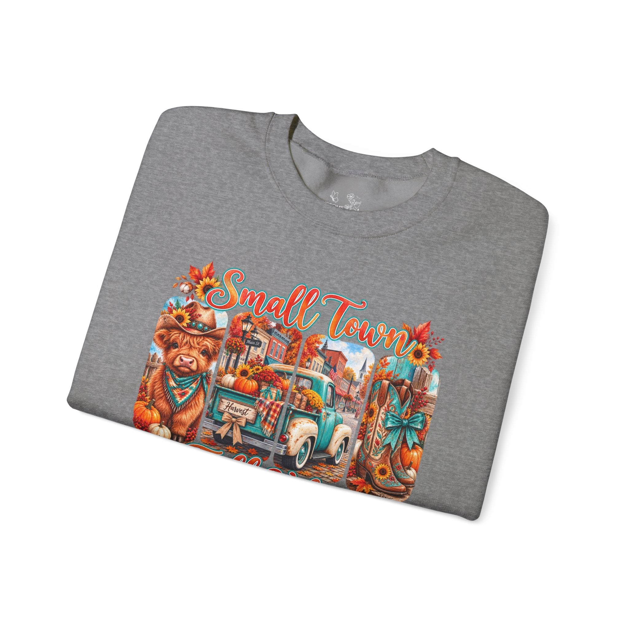 Fall Vibes Crewneck Sweatshirt - "Small Town Fall Vibes" Retro Autumn Graphic