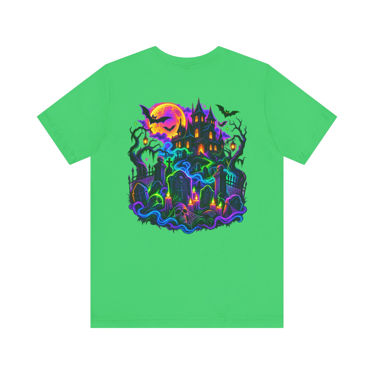 Stay Spooky Halloween Tee — Neon Grim Reaper & Haunted Castle Graphic T-Shirt