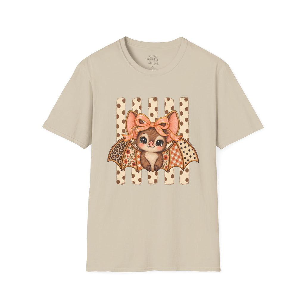 Cute Bat Tee — Adorable Bat with Bow Graphic T-Shirt (Leopard Striped Background)